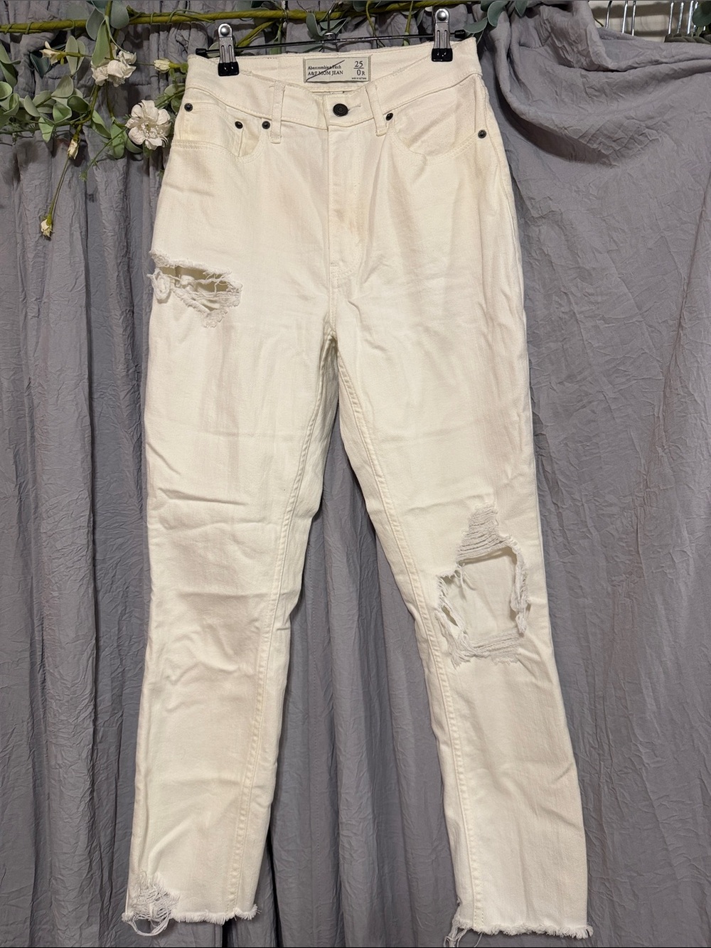 Abercrombie & Fitch Cream Distressed Mom Jeans